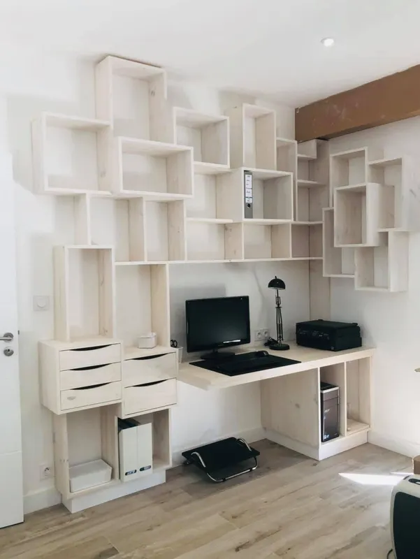 Étagère bois / bureau 3D, Menuiserie